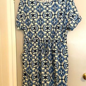 Blue Abstract Print Dress size 1X New! Pockets, Gather Waist